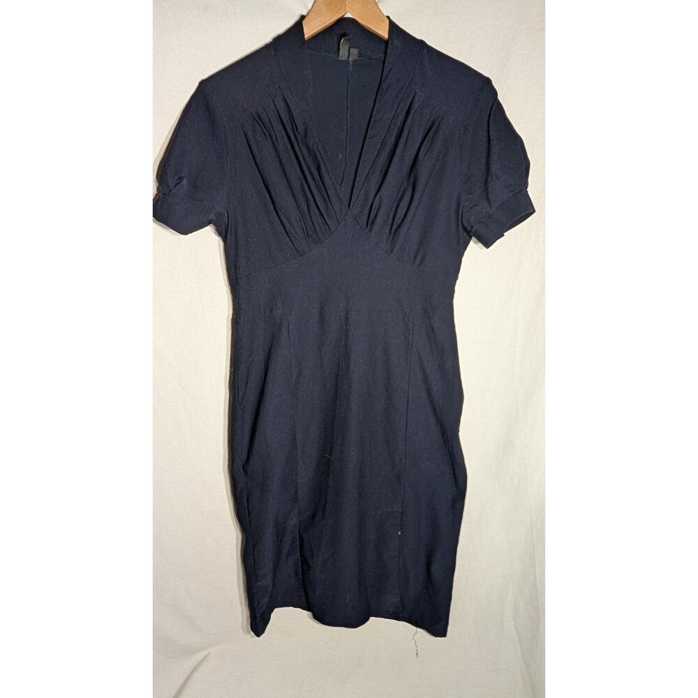 Miusol‎ Womens Navy Retro Short Sleeve Dress Sz L Cuffed Sleeve Pleated Bodice